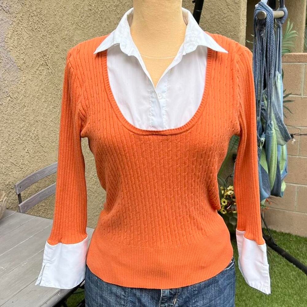 Y2K Twofer Orange and White Collared Knitted Long Sleeve Top